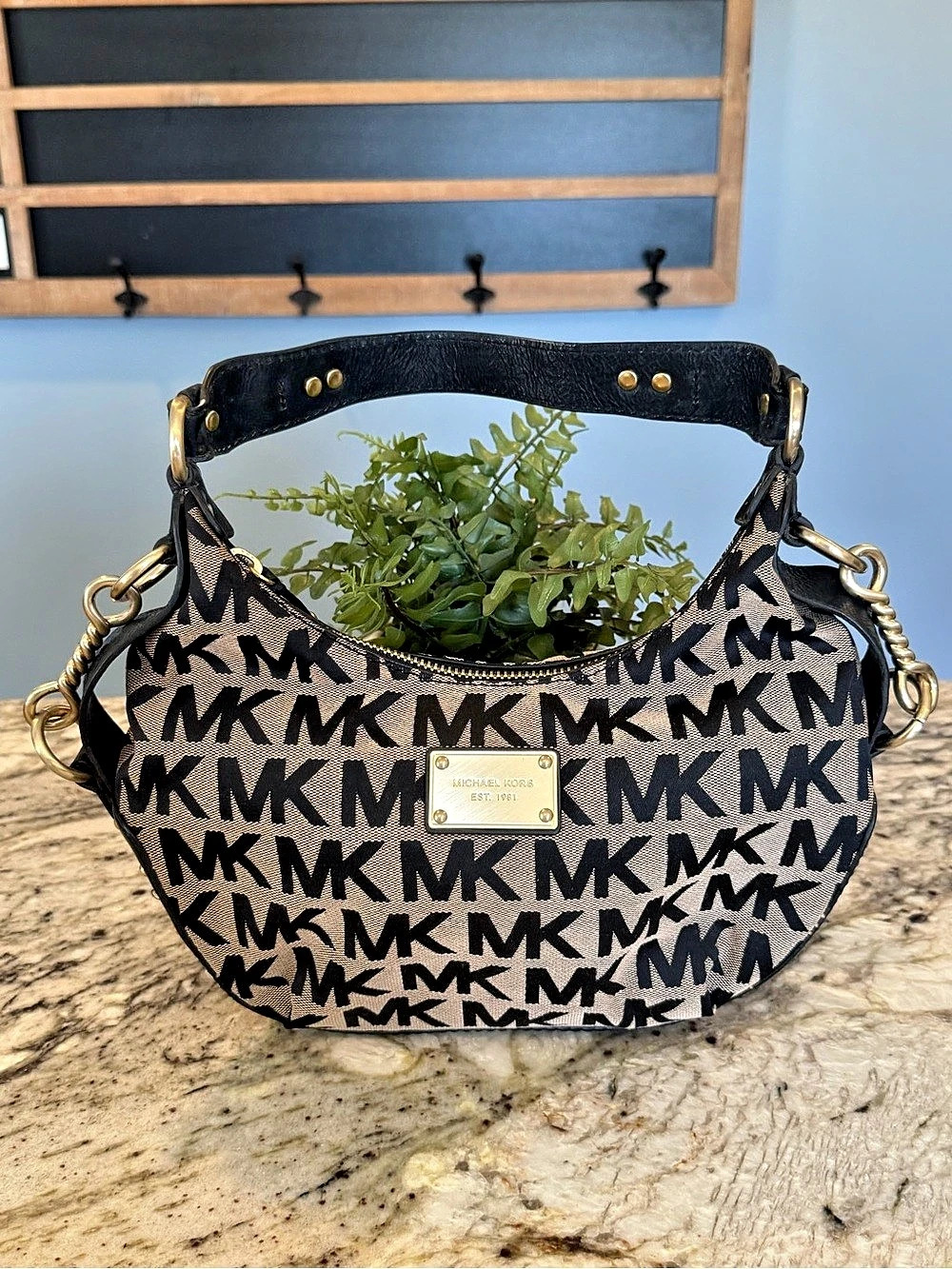 Vintage Michael Kors MK Monogram Jacquard Studded Hobo Shoulder Bag Y2K